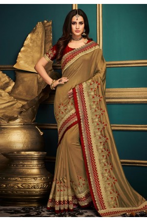 Beige satin embroidered party wear saree  10614